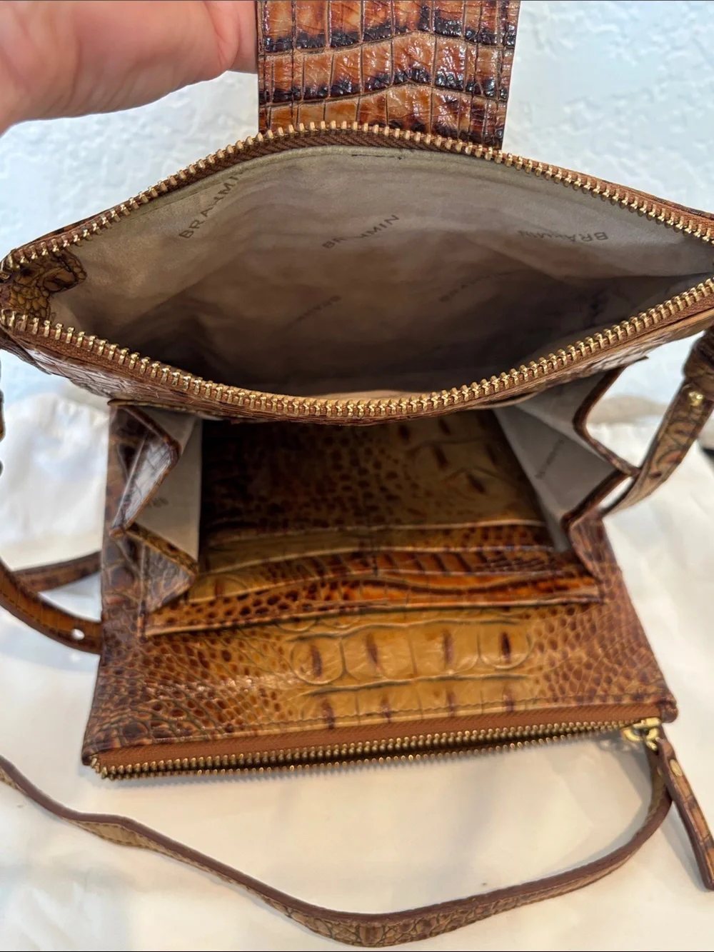 Brahmin Two-Tone Brown Croc-Embossed Crossbody with Gold Hardware